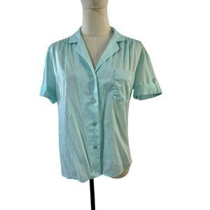 Vintage top‎ 70s 80s Blouse Shirt Button Up Rhapsody Aqua Blue Top